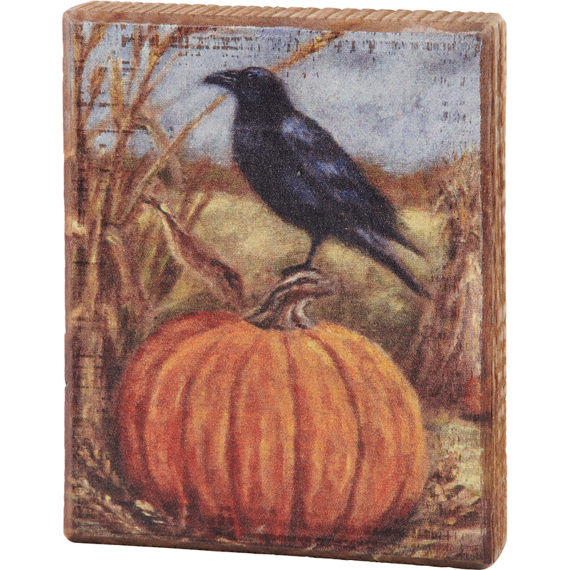 Raven On A Pumpkin Block Sign  (Pack of 4)