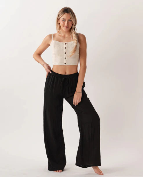BLACK WIDE LEG COTTON DRAWSTRING PANTS WITH POCKETS (SMALL)