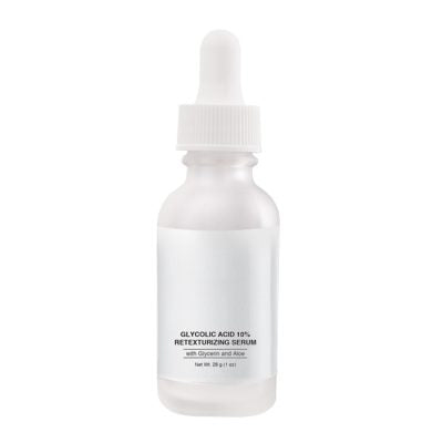 Glycolic Acid 10% Serum in dropper bottle, vegan, gluten-free, 28g, effective exfoliation for smooth skin.