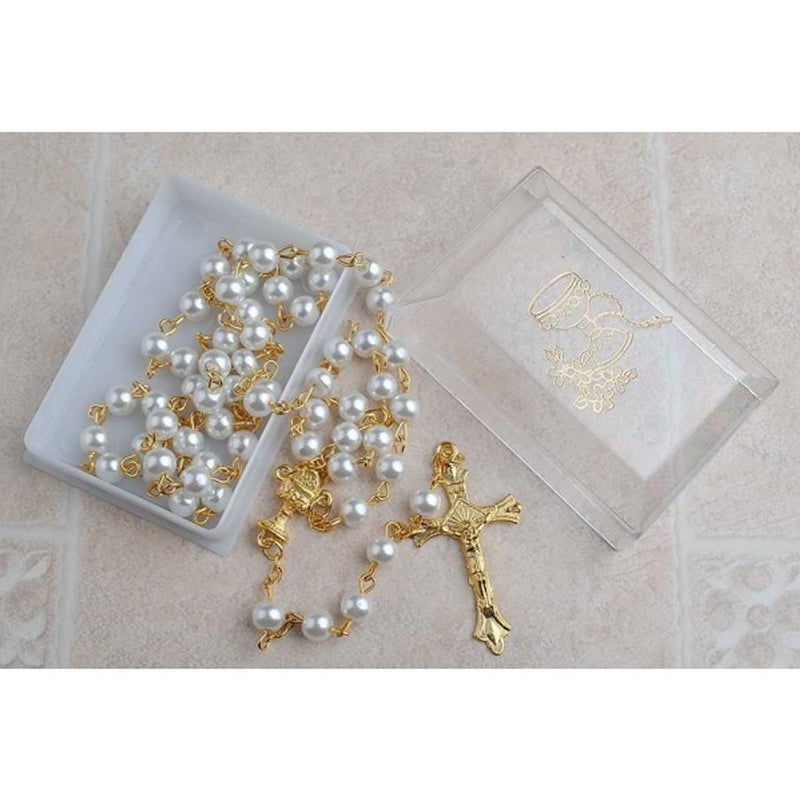 First Communion Glass Pearl Rosary with Gold Pin and Chain (6mm)