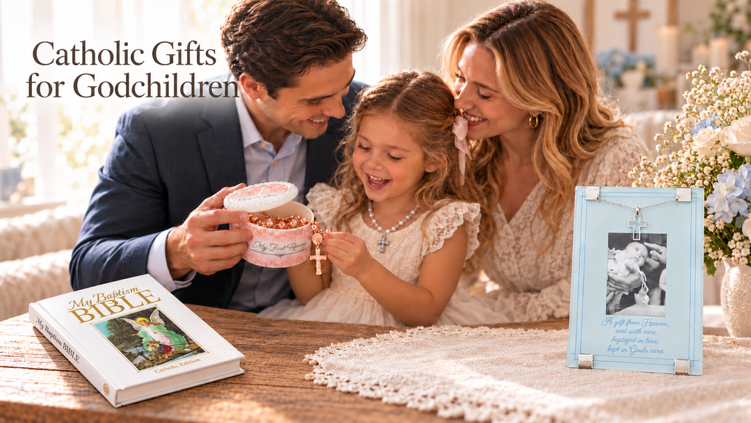 Catholic gifts for godchildren including rosaries, prayer cards, and religious keepsakes