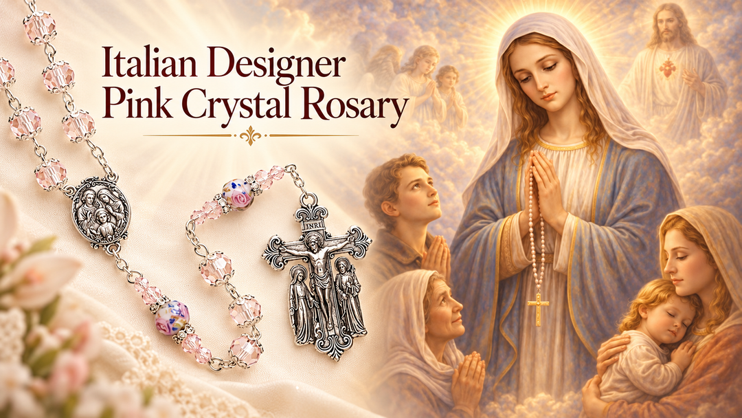 Pink Holy Family Giulia Signorelli Rosary with crystal and Murano glass beads.