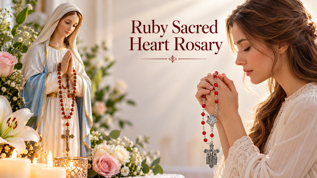 Ruby Sacred Heart Giulia Signorelli Rosary arranged as a Catholic gift.
