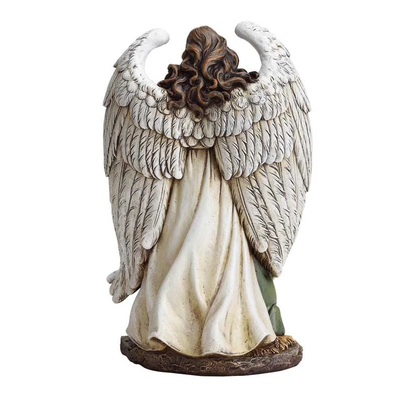 Catholic Holy Family Nativity figurine with guardian angel for mantel, tabletop, or prayer space display.