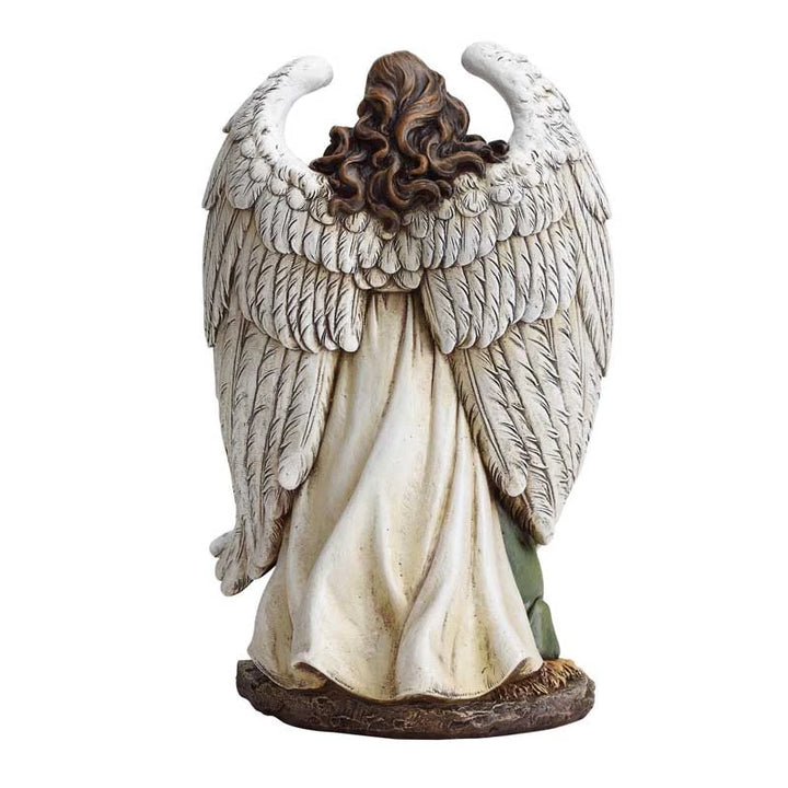 Catholic Holy Family Nativity figurine with guardian angel for mantel, tabletop, or prayer space display.