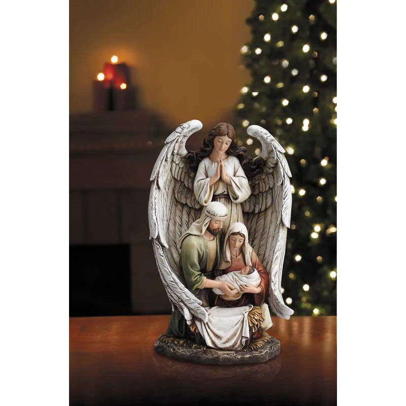 Gift-boxed Guardian Angel Holy Family Christmas figurine for Catholic homes and religious seasonal gifting.