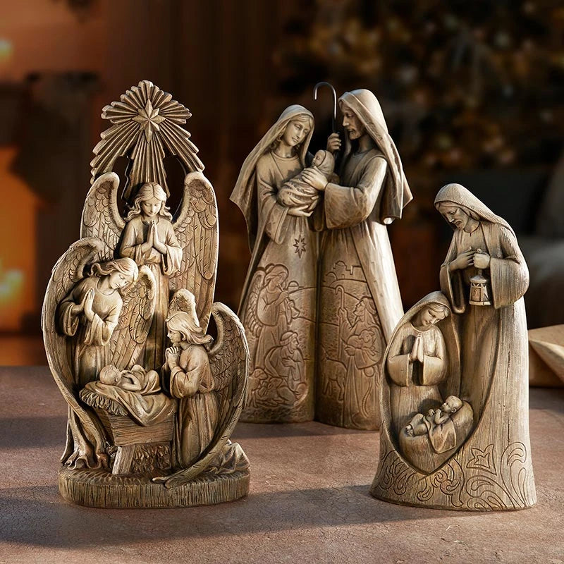 Catholic Holy Family figurine made from polyresin and natural stone powder for mantel or prayer space display.
