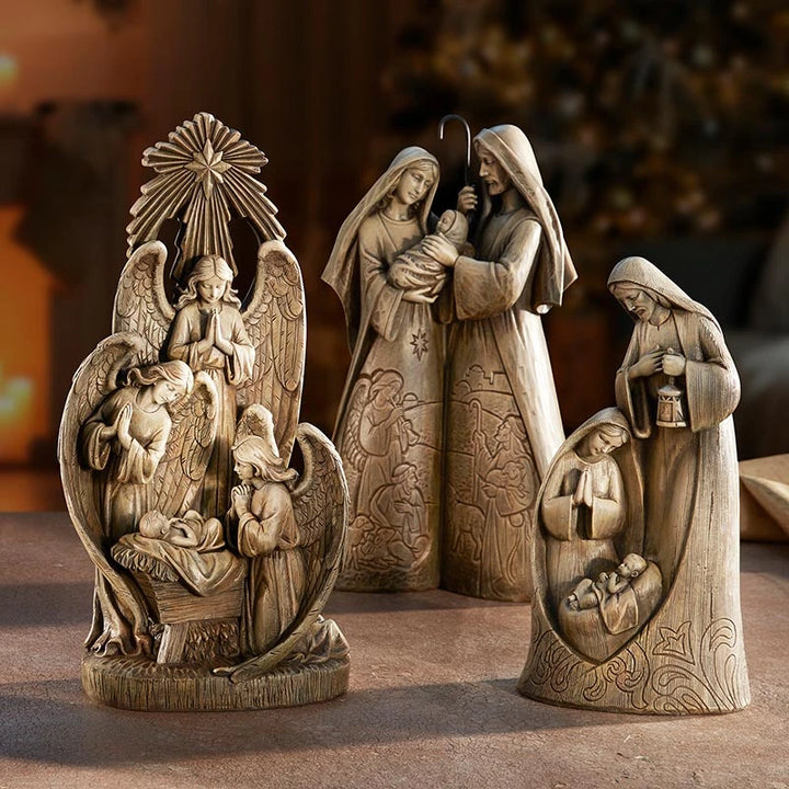 Catholic Holy Family figurine made from polyresin and natural stone powder for mantel or prayer space display.