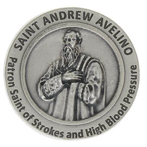 St. Andrew Avelino Strokes &amp; High Blood Pressure Coin featuring Saint Andrew Avelino figure and prayer.