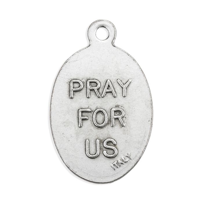 1" Oval Antiqued Silver Oxidized Saint Padre Pio Medal with "Pray for Us" engraving on reverse side.