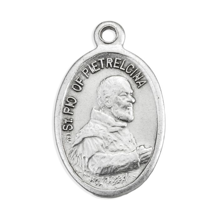 1" Oval Antiqued Silver Oxidized Saint Padre Pio Medal with detailed design, made in Italy.