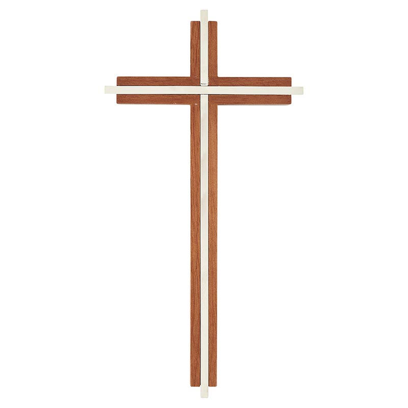10" H Maple Hardwood Walnut Finish Cross With Nickel-Plated Inlay