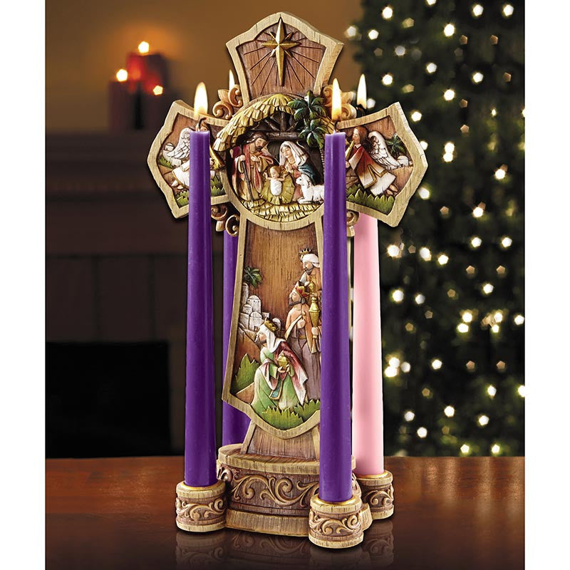 Catholic Nativity Advent candleholder with cross-inspired design for four Advent candles, family prayer, and seasonal devotion.