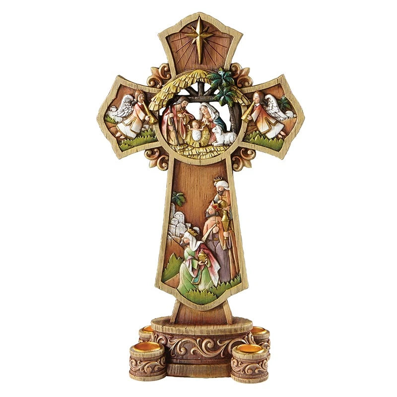 Nativity Cross Advent Wreath in resin with detailed Holy Family scene for Catholic Advent prayer and Christmas home décor.