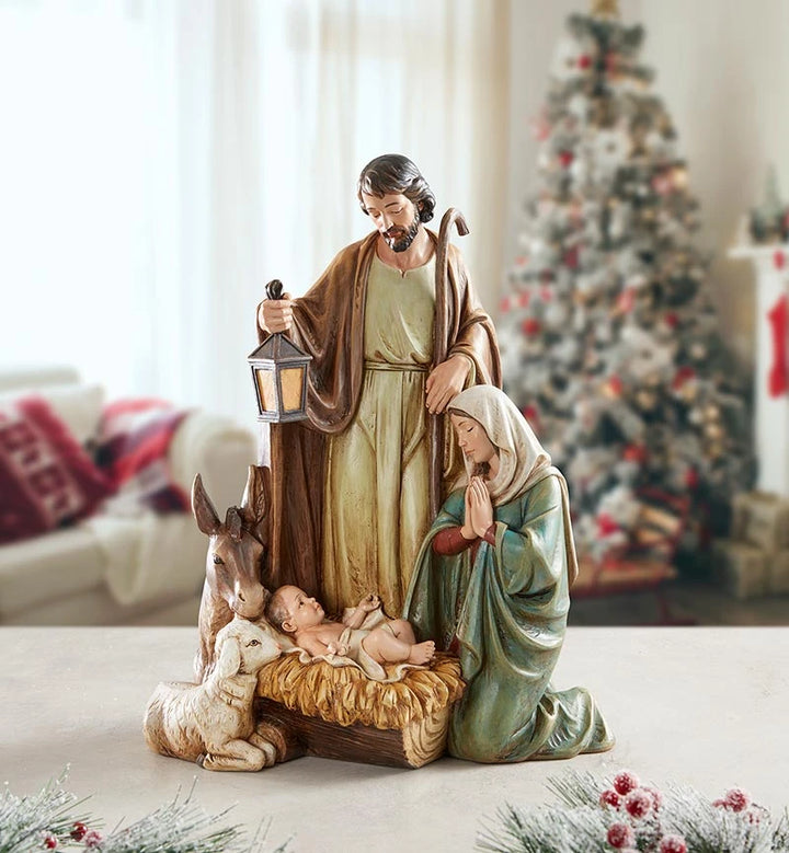 Holy Family Nativity statue made from polyresin and natural stone powder for mantel or tabletop display.