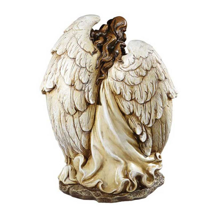 Catholic Christmas angel figurine with Nativity scene for mantel, tabletop, church, or prayer space display.