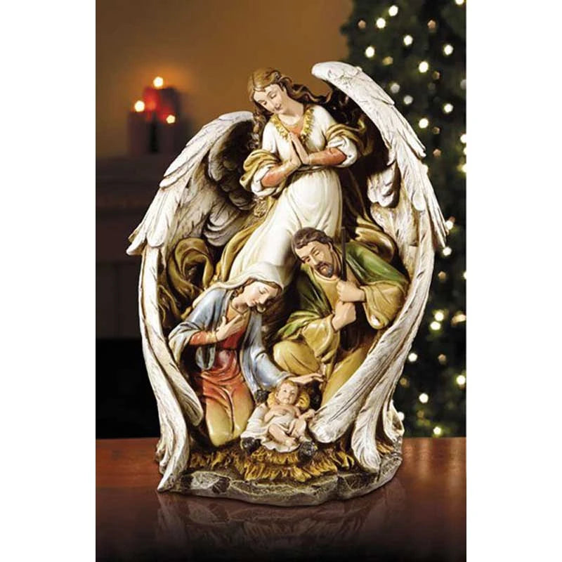 Avalon Gallery resin angel and Holy Family Christmas decoration for Catholic seasonal décor and gifting.