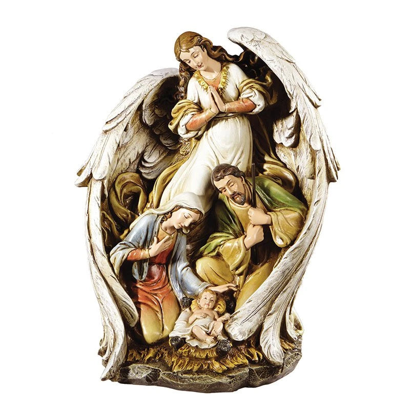  15 inch Angel with Nativity Scene by Avalon Gallery featuring the Holy Family in detailed resin.