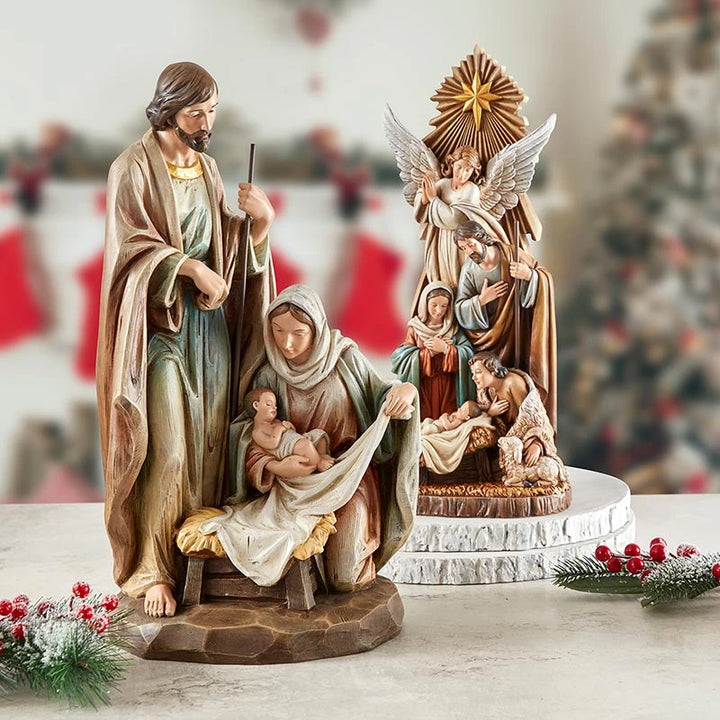 Tall hand-painted shepherd Nativity statue for mantels, prayer spaces, and religious Christmas décor.