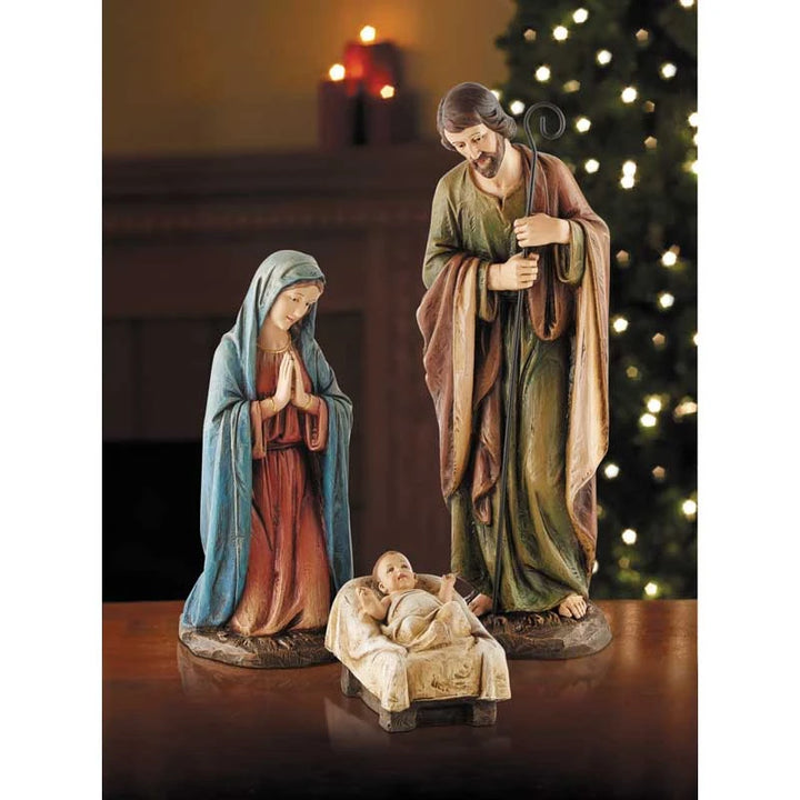 Catholic stoneresin Holy Family Nativity set with detailed carving and antique color palette.