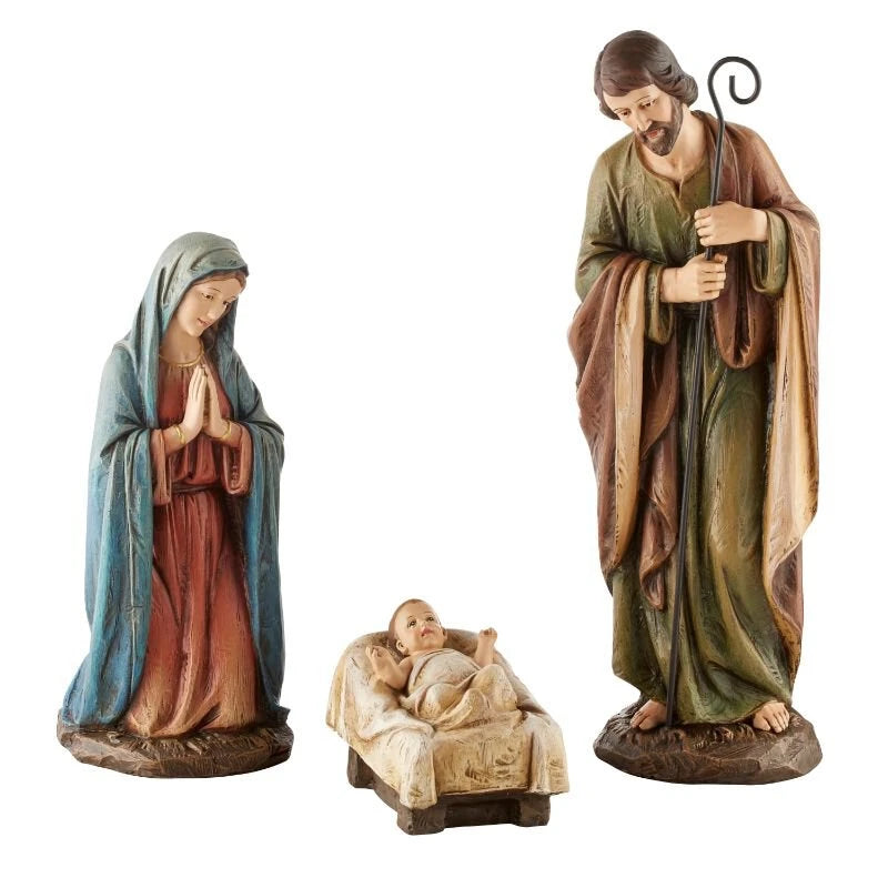 16 inch three-piece Nativity set by Avalon Gallery with Mary, Joseph, and Baby Jesus in the manger.