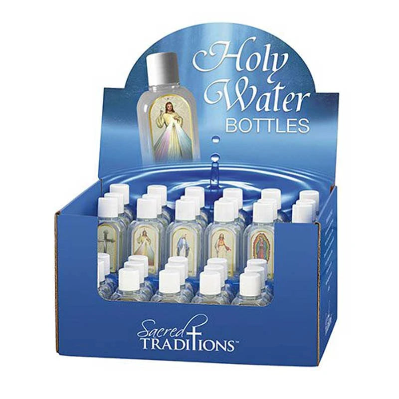 2 oz Holy Water Bottle Display with 36 assorted Catholic devotional bottles in six religious designs and a countertop display.