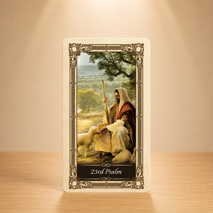 23rd Psalm Kilgarlin Laminated Prayer Card featuring Jesus the Good Shepherd with sheep in a peaceful pastoral scene and ornate gold Catholic artwork.