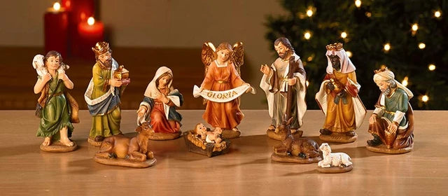 Compact Catholic Nativity set with 11 pieces and St. Joseph as the tallest 3.5 inch figure.
