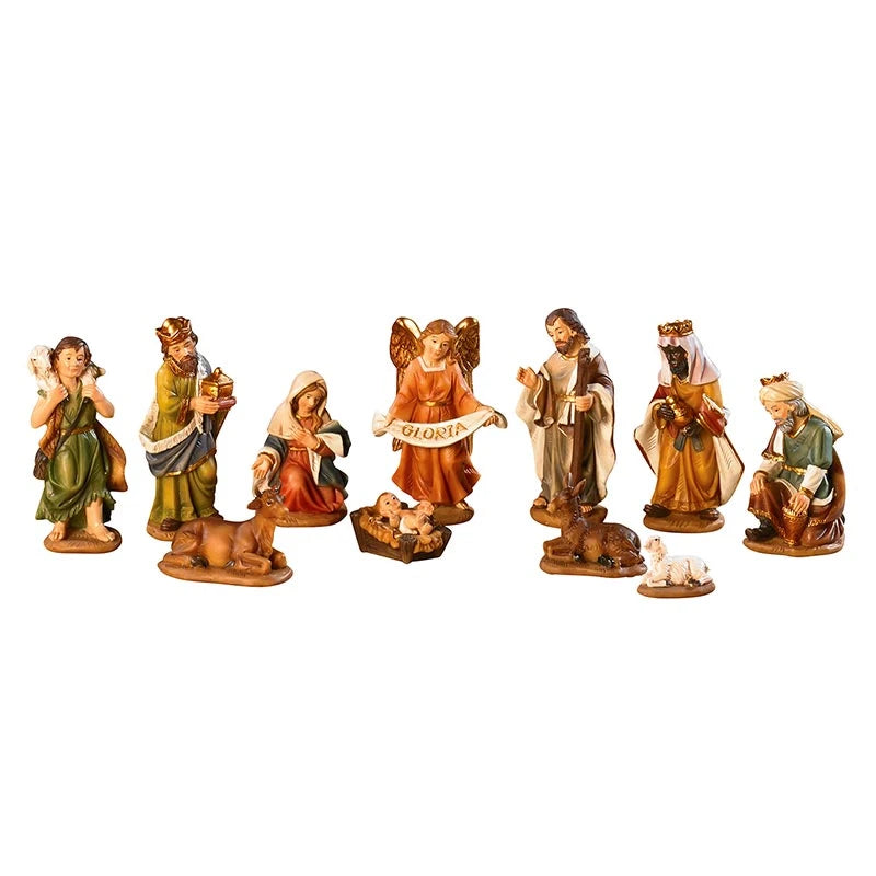 3.5 inch 11-piece Nativity set from Sacred Traditions crafted from stoneresin for Catholic Christmas display.