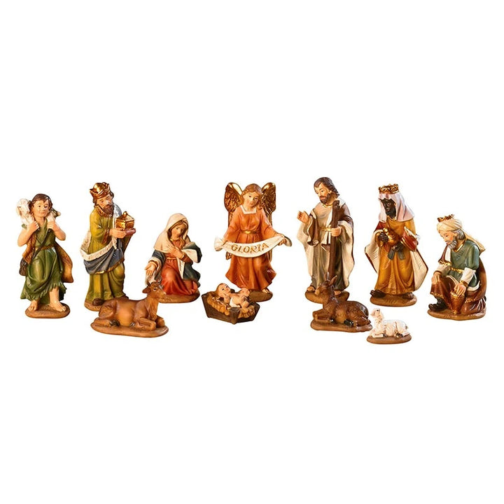 3.5 inch 11-piece Nativity set from Sacred Traditions crafted from stoneresin for Catholic Christmas display.