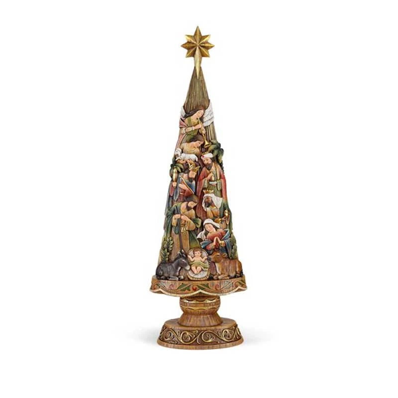 30 inch Nativity Christmas Tree with detailed resin figures, antiqued finish, and golden accents.