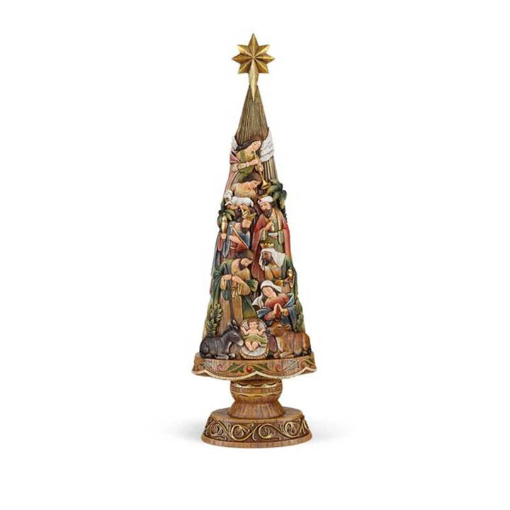 30 inch Nativity Christmas Tree with detailed resin figures, antiqued finish, and golden accents.