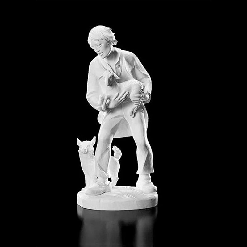 32 inch Val Gardena Shepherd with Lamb and Dog resin Nativity figurine for church and Christmas displays.