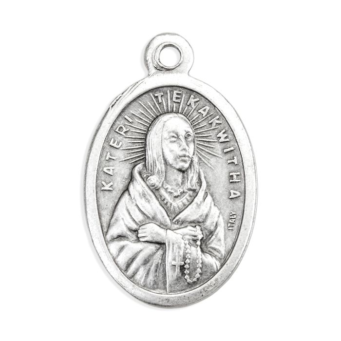 1" Oval Antiqued Silver Oxidized Saint Kateri Tekakwitha Medal with pray for us inscription.