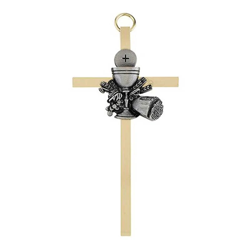 4.25-Inch Brass Cross with FC Chalice Emblem – First Communion Religious Gift
