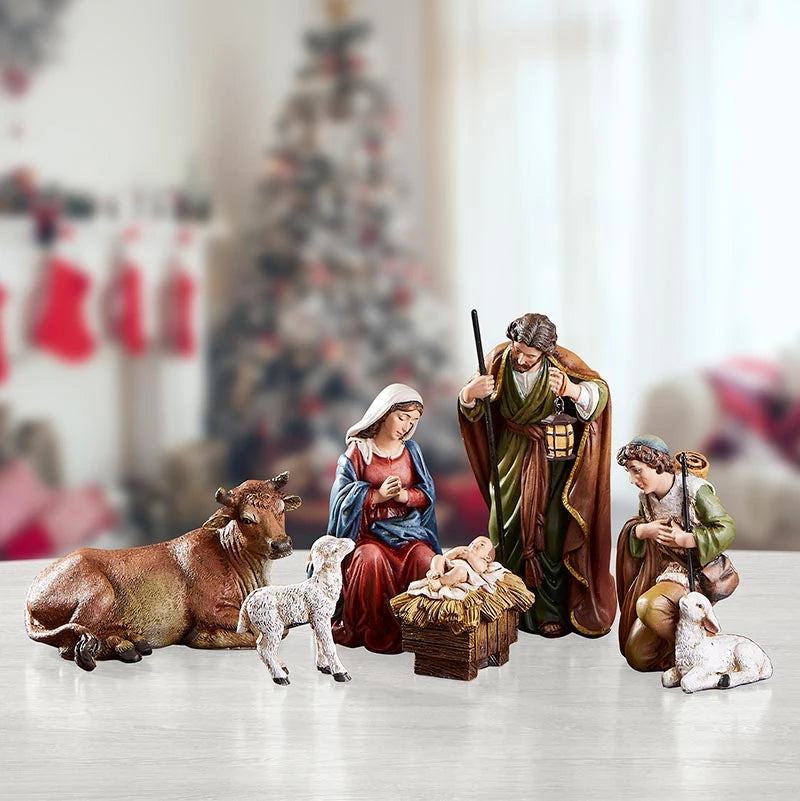 Catholic Christmas Nativity set designed by Michael Adams with expressive sculpted and painted figures.