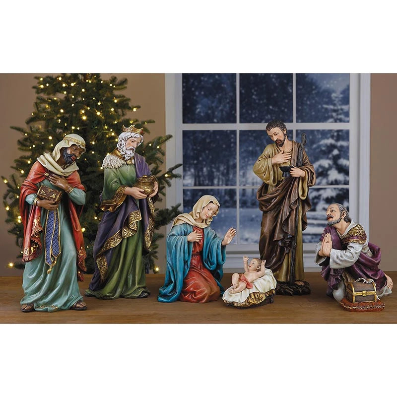 Catholic Christmas Nativity set featuring Baby Jesus, Mary, Joseph, and three Wise Men in vibrant hand-painted colors.