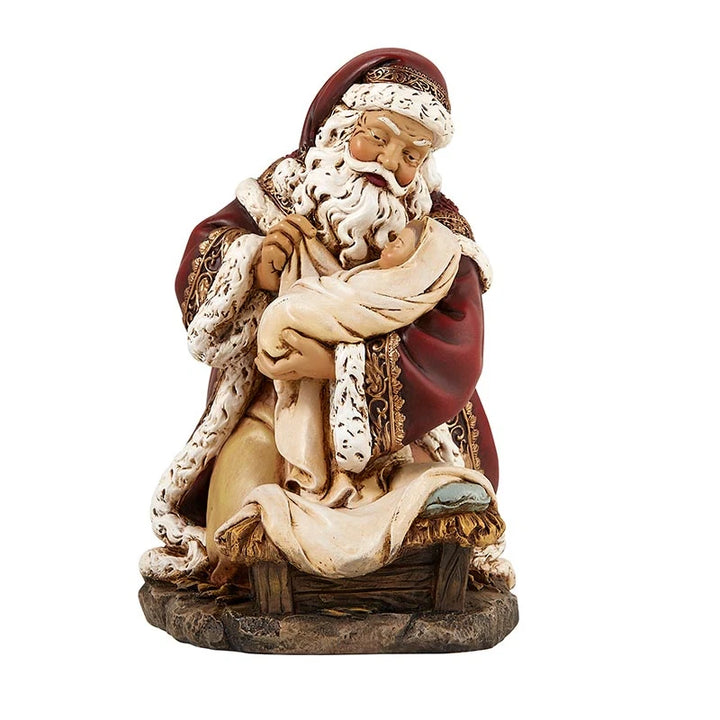 7 inch Adoring Santa figurine holding Baby Jesus in a detailed resin Christmas design.