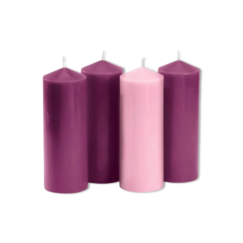 8 inch Advent Pillar Candle Set with three purple candles and one pink candle for Catholic Advent wreaths.