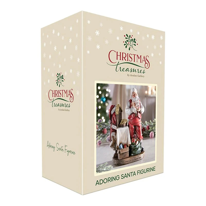 Adoring Santa with Baby Jesus figurine for mantel, shelf, tabletop, and faith-centered Christmas décor.