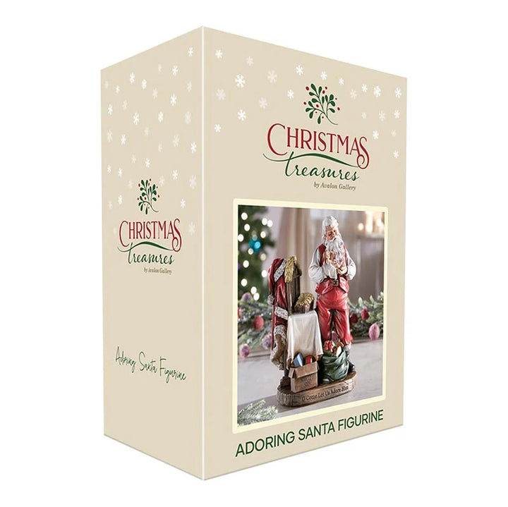 Adoring Santa with Baby Jesus figurine for mantel, shelf, tabletop, and faith-centered Christmas décor.