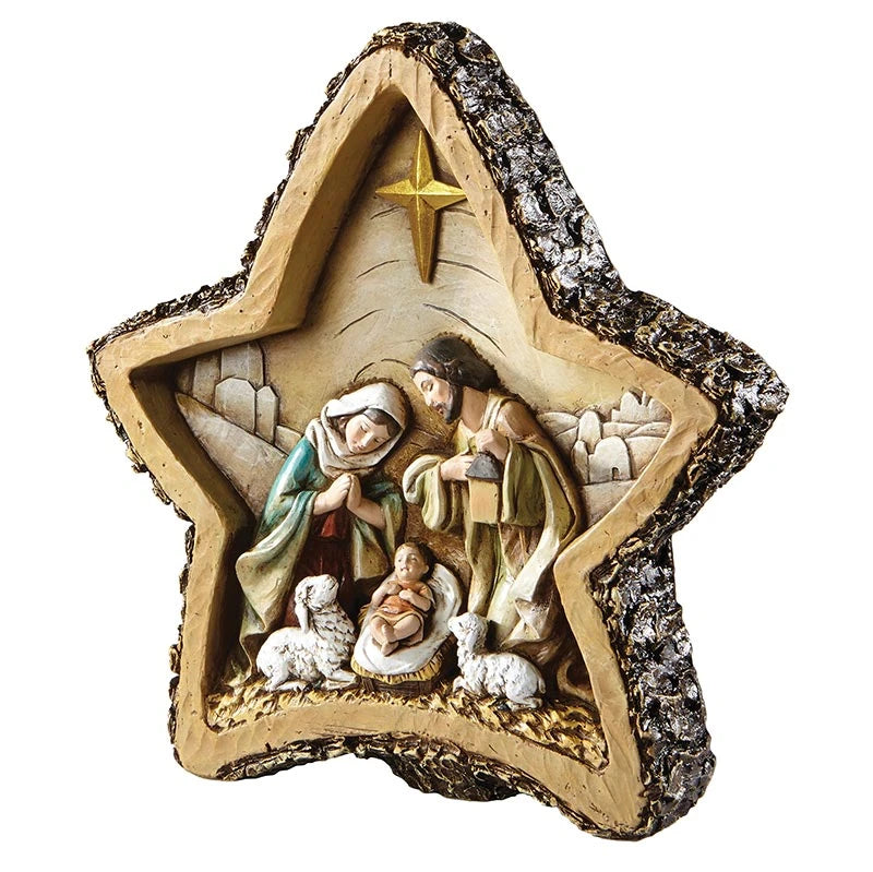 8 inch Woodgrain Star Nativity figurine by Avalon Gallery with faux carved wood appearance.