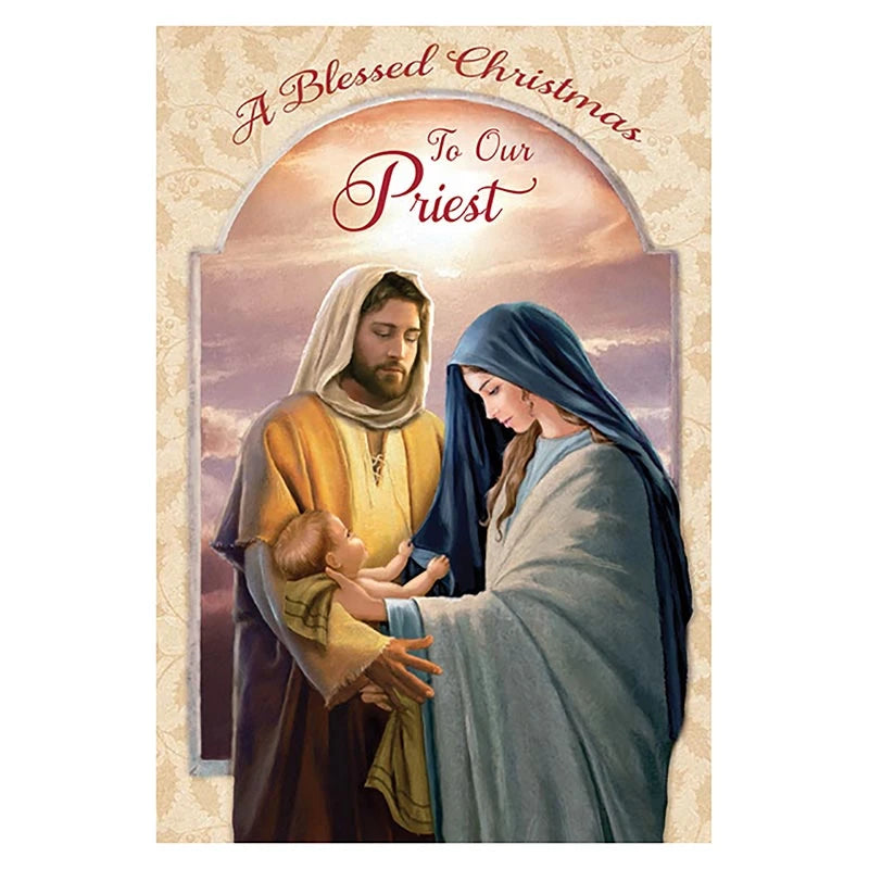 A Blessed Christmas to Our Priest Card with elegant gold foil accents and a Catholic Christmas blessing.