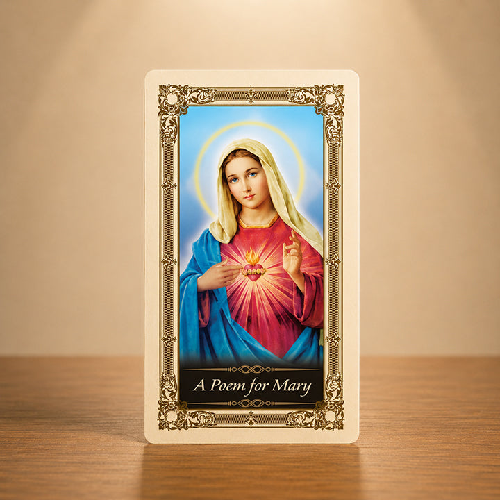 A Poem for Mary Prayer Card with Blessed Virgin Mary Sacred Heart artwork and gold colour accents