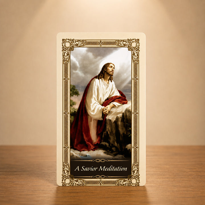 A Savior Meditation Prayer Card with classic Catholic artwork and gold colour accents