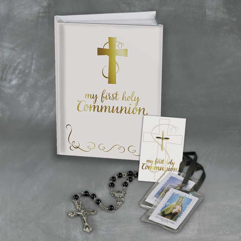 Abundant Grace First Communion gift set for boys with Mass Book, rosary, scapular and cross pin