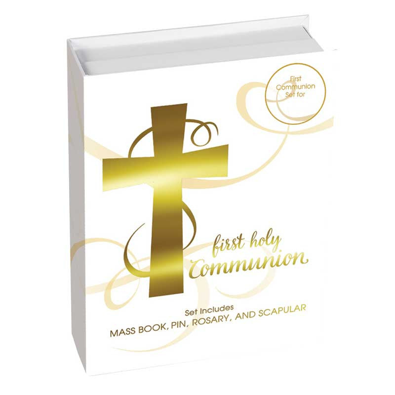 Abundant Grace First Communion gift set for boys with Mass Book, rosary, scapular and cross pin