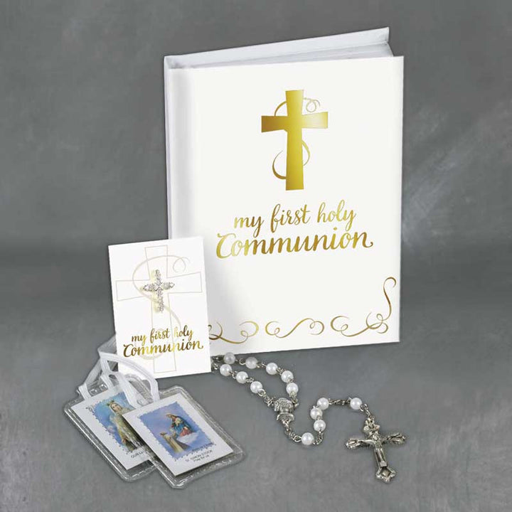 Abundant Grace First Communion gift set for girls with Mass Book, pearl rosary, scapular and cross pin