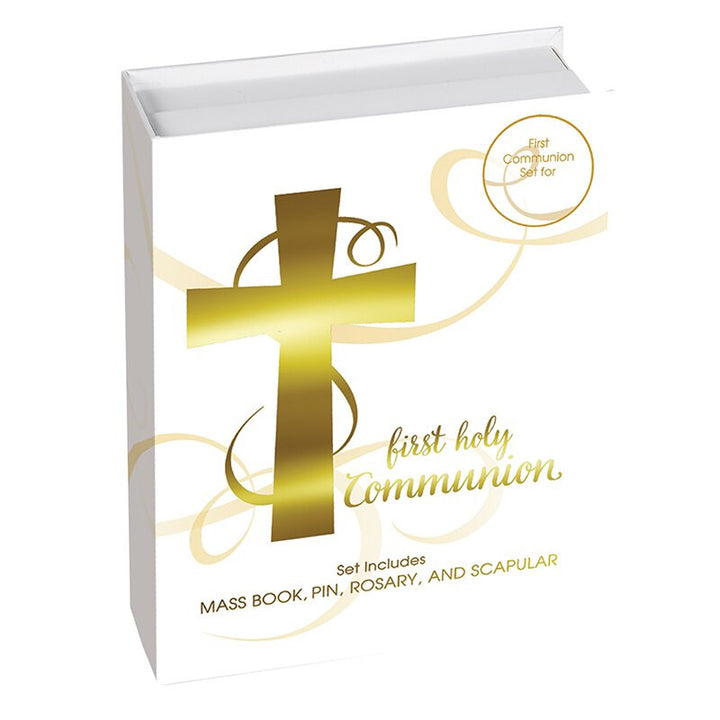 Abundant Grace First Communion gift set for girls with Mass Book, pearl rosary, scapular and cross pin