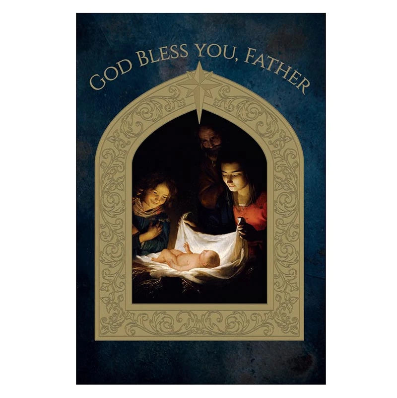 Adoration of the Child Priest Christmas Card with gold foil embossed Catholic Christmas artwork.